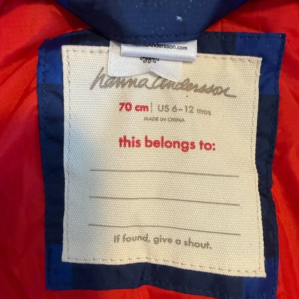HANNA ANDERSSON Insulated Hooded Full Zip Snowsuit Blue Checkered 70cm